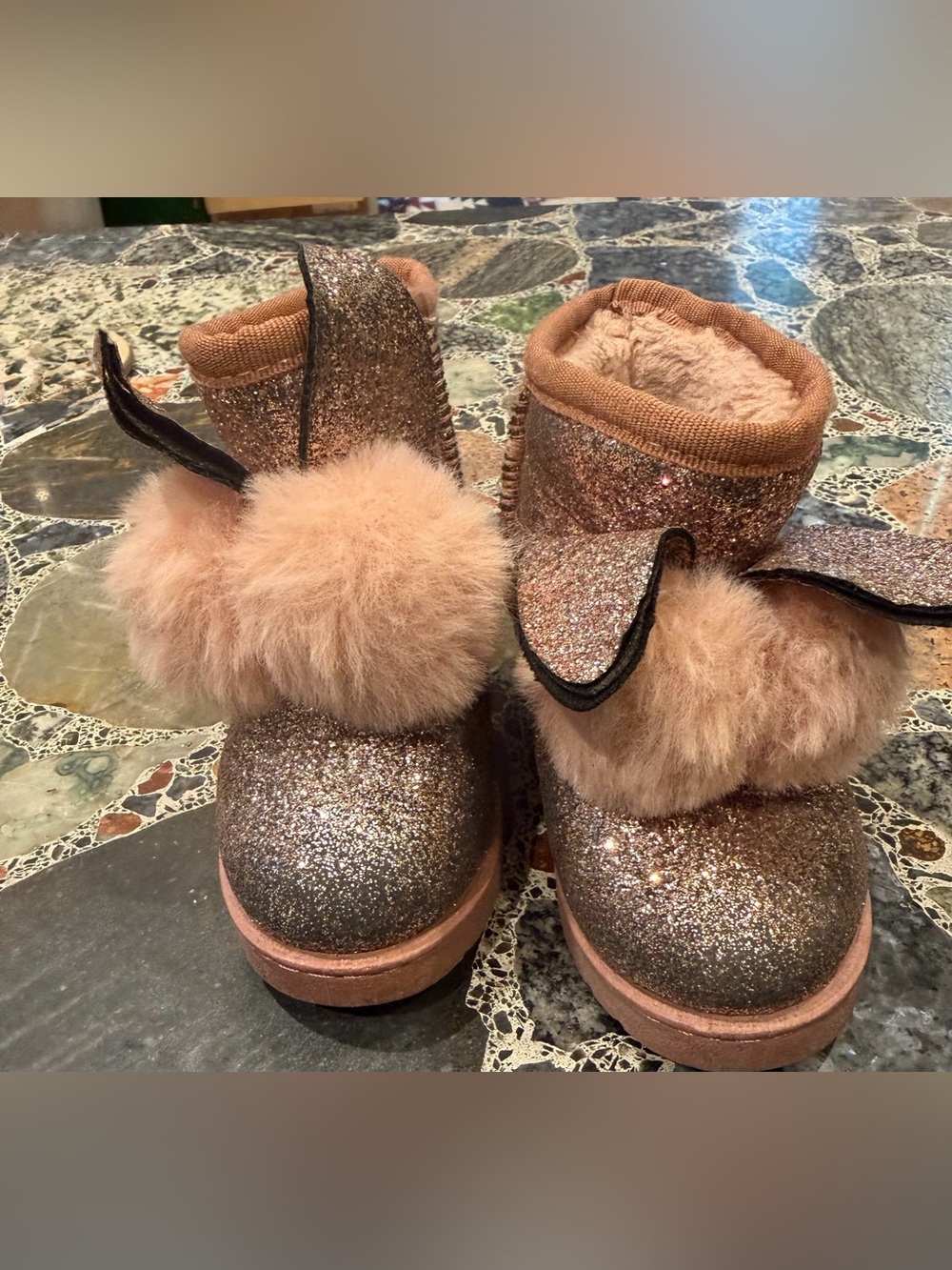 Girls Sparkle Winter Boots with Faux Fur Trim - Pinkish Brown